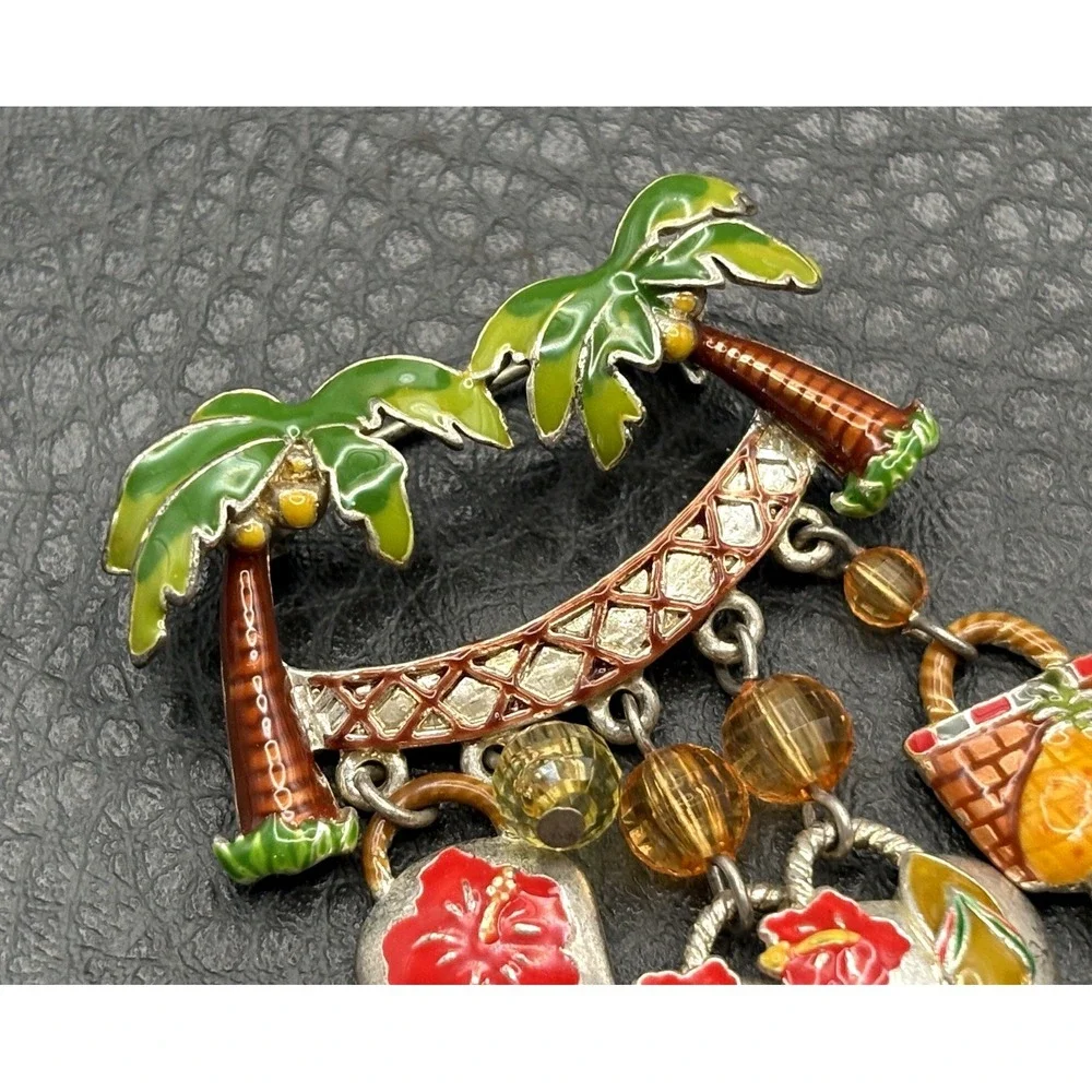 Vintage Silver Tone Tropical Enamel Charm Dangle Brooch Pin Beach Vacation